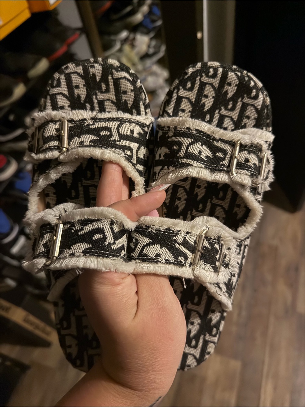 Black and White Patterned Women's Slide Sandals Dior